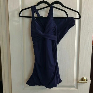 Two piece blue swim dress bathing suit modest but flattering size small NWOT